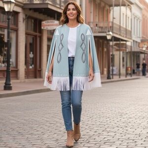 New blue b Light Blue Aqua & White Whipstitch Fringe Trim Western Native Cape OS